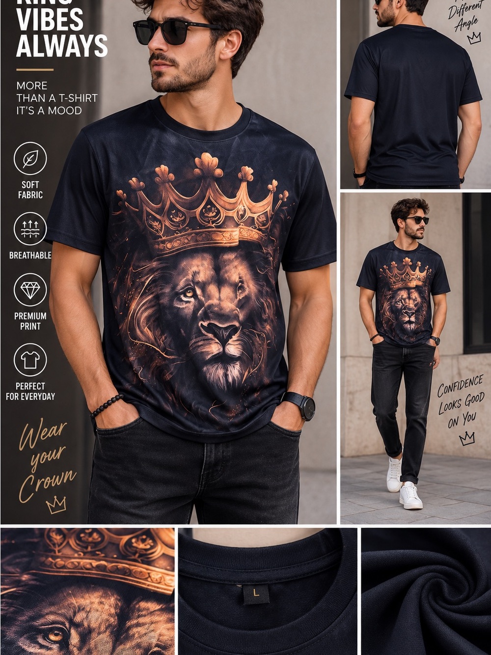 Men's Black Graphic Lion Crown T-Shirt
